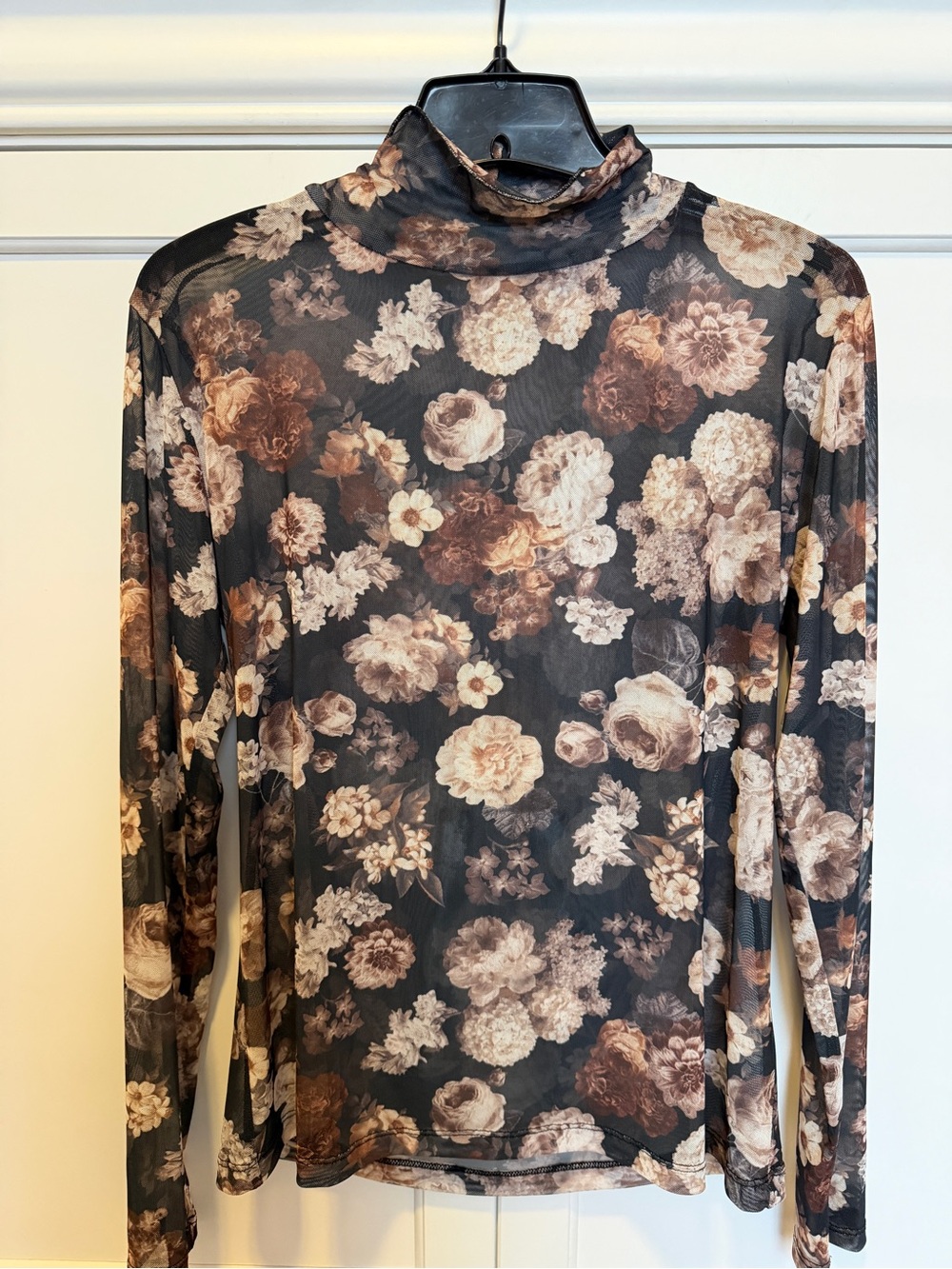 Red Haute Black Floral Sheer Turtleneck Long Sleeve Top- M